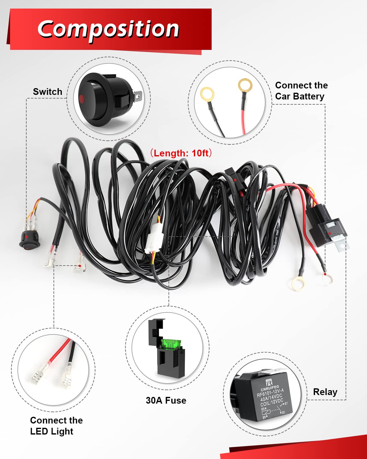 4X4Wavers Wiring Harness for LED Light Bar 2 Leads 12V 20AWG Switch Relay Wire Harness Kit for Offroad LED Pods Light Fog Lights