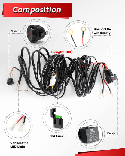 4X4Wavers Wiring Harness for LED Light Bar 2 Leads 12V 20AWG Switch Relay Wire Harness Kit for Offroad LED Pods Light Fog Lights