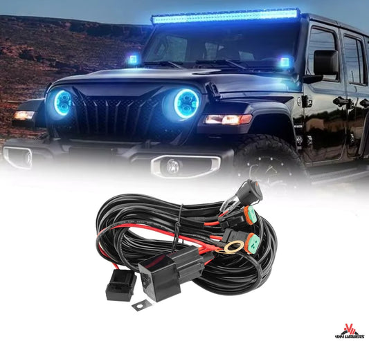 4X4Wavers 12V LED Light Bar Wiring Harness Cable Kit, DT Connector, Waterproof, 18AWG, DC 40A, ON/Off Switch, Relay Blade Fuse for LED Fog Work Lamps (2 Leads)