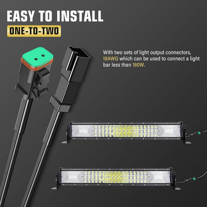 4X4Wavers 12V LED Light Bar Wiring Harness Cable Kit, DT Connector, Waterproof, 18AWG, DC 40A, ON/Off Switch, Relay Blade Fuse for LED Fog Work Lamps (2 Leads)
