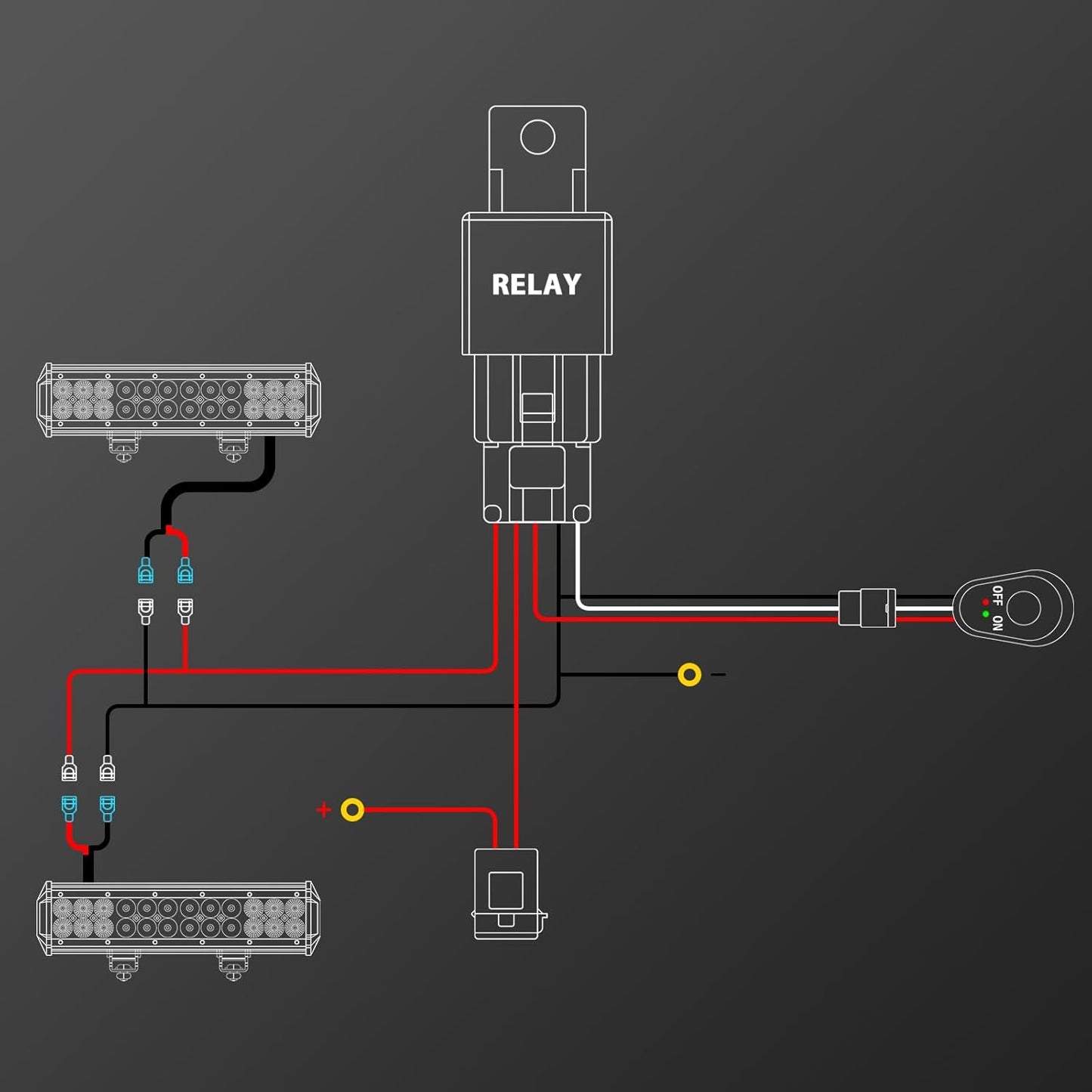 4X4Wavers 12V LED Light Bar Wiring Harness Cable Kit, DT Connector, Waterproof, 18AWG, DC 40A, ON/Off Switch, Relay Blade Fuse for LED Fog Work Lamps (2 Leads)