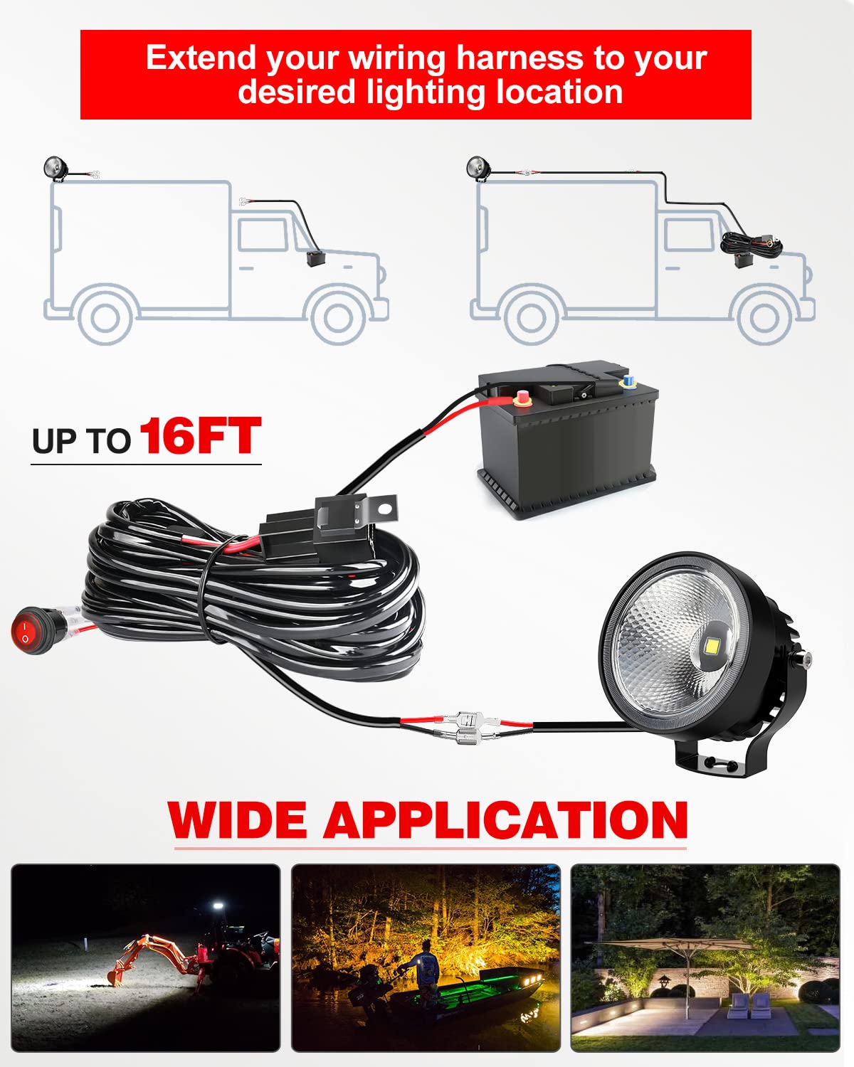 4X4Wavers LED Light Bar Wiring Harness Kit 16AWG 2 Leads 12V On Off Waterproof Switch Power Relay Blade Fuse for Off Road Lights LED Work Light