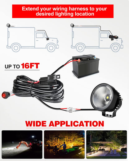 4X4Wavers LED Light Bar Wiring Harness Kit 16AWG 2 Leads 12V On Off Waterproof Switch Power Relay Blade Fuse for Off Road Lights LED Work Light