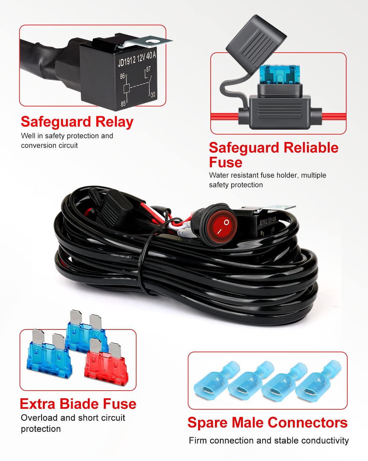 4X4Wavers LED Light Bar Wiring Harness Kit 16AWG 2 Leads 12V On Off Waterproof Switch Power Relay Blade Fuse for Off Road Lights LED Work Light