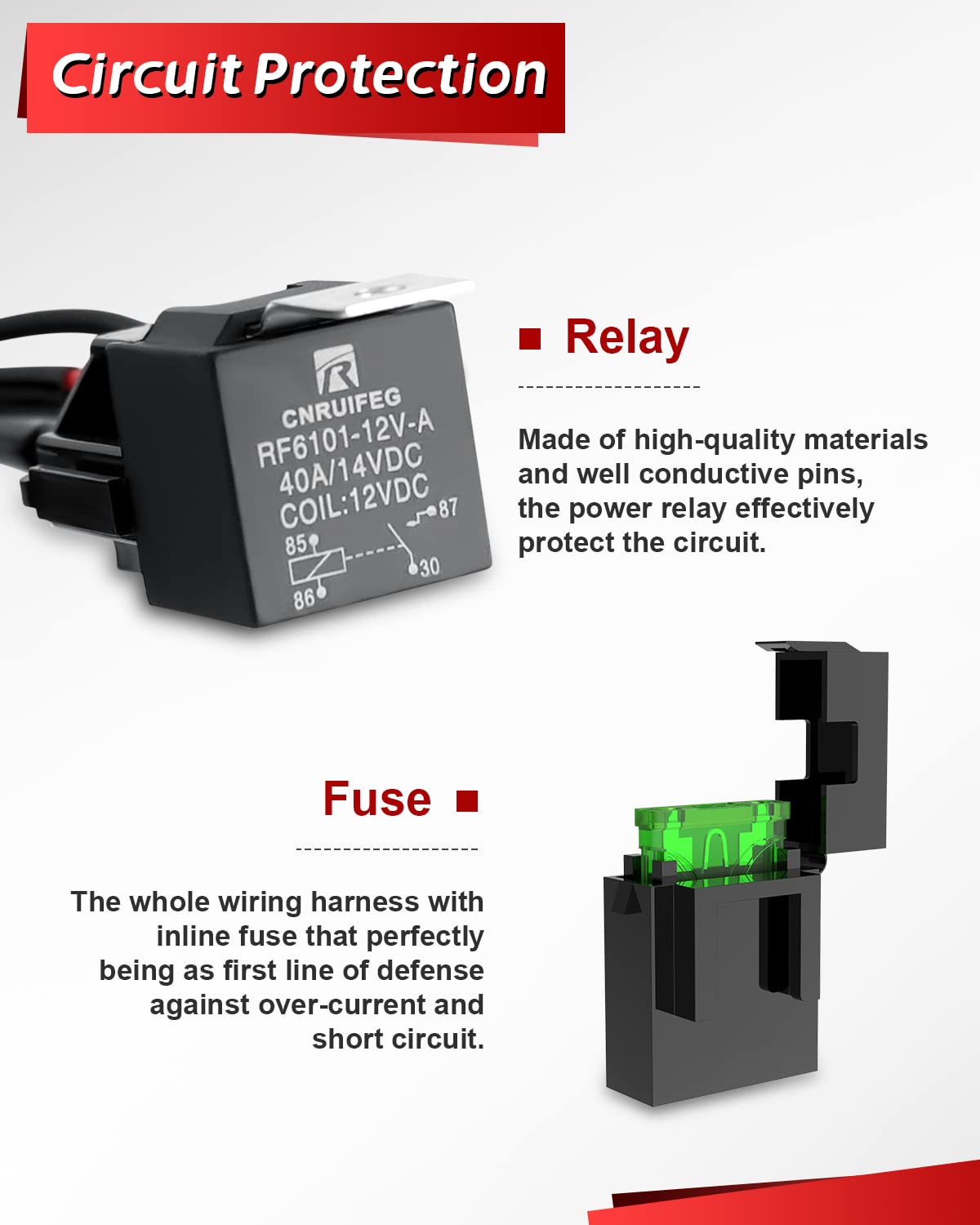 4X4Wavers Wiring Harness for LED Light Bar 1 Lead 12V 16AWG Switch Relay Wire Harness Kit for Offroad LED Pods Light Fog Lights