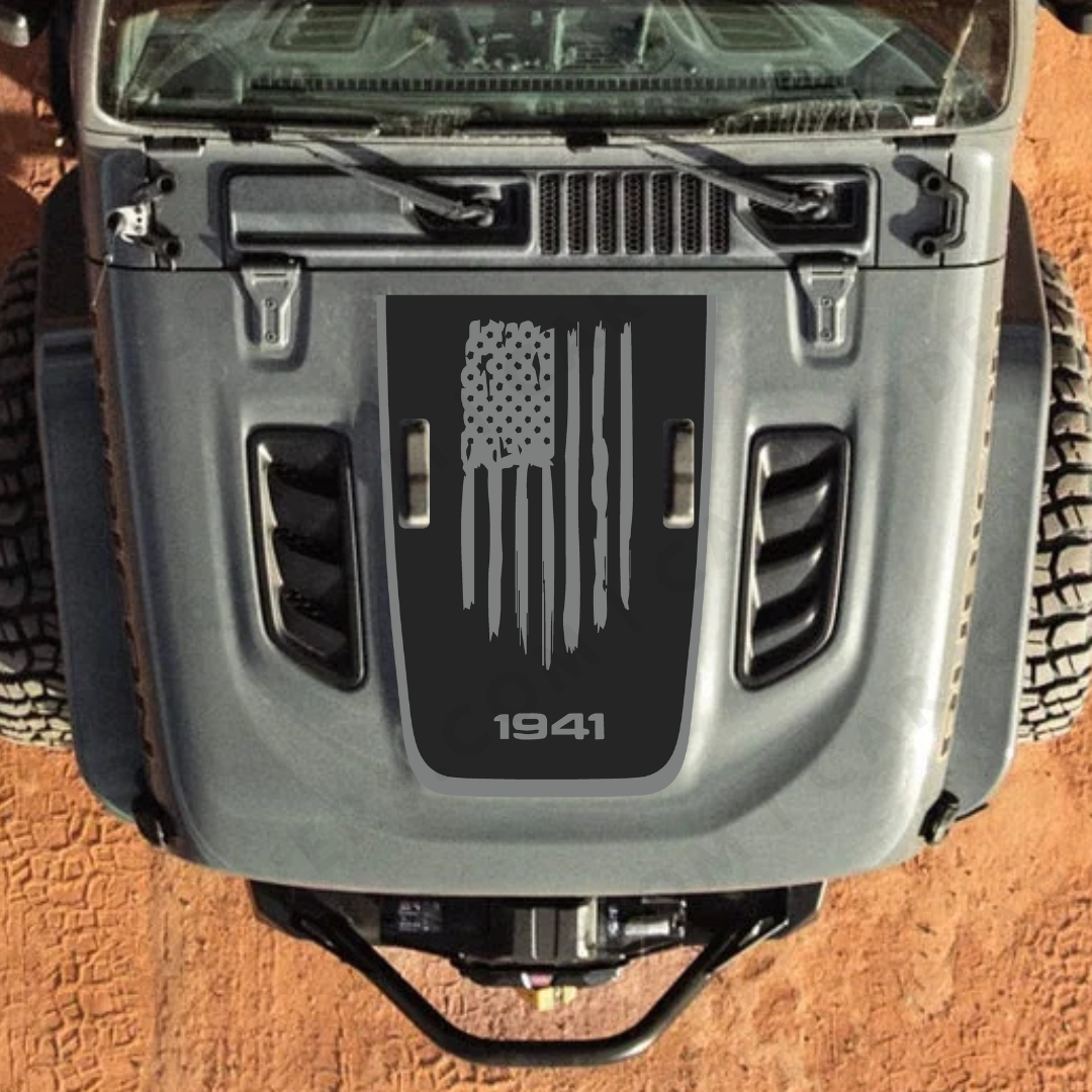 4x4wavers AMERICA 1941 Decal Sticker Kit for JL Rubicon Hood – Vinyl Car Decals for Jeep Wrangler Models – Made in Canada - 4X4 WAVERS