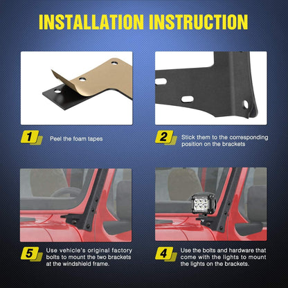4X4WAVERS 52" Light Bar Windshield Mounting Brackets (with A pillar) - Jeep Wrangler JK/JKU 2007-2018