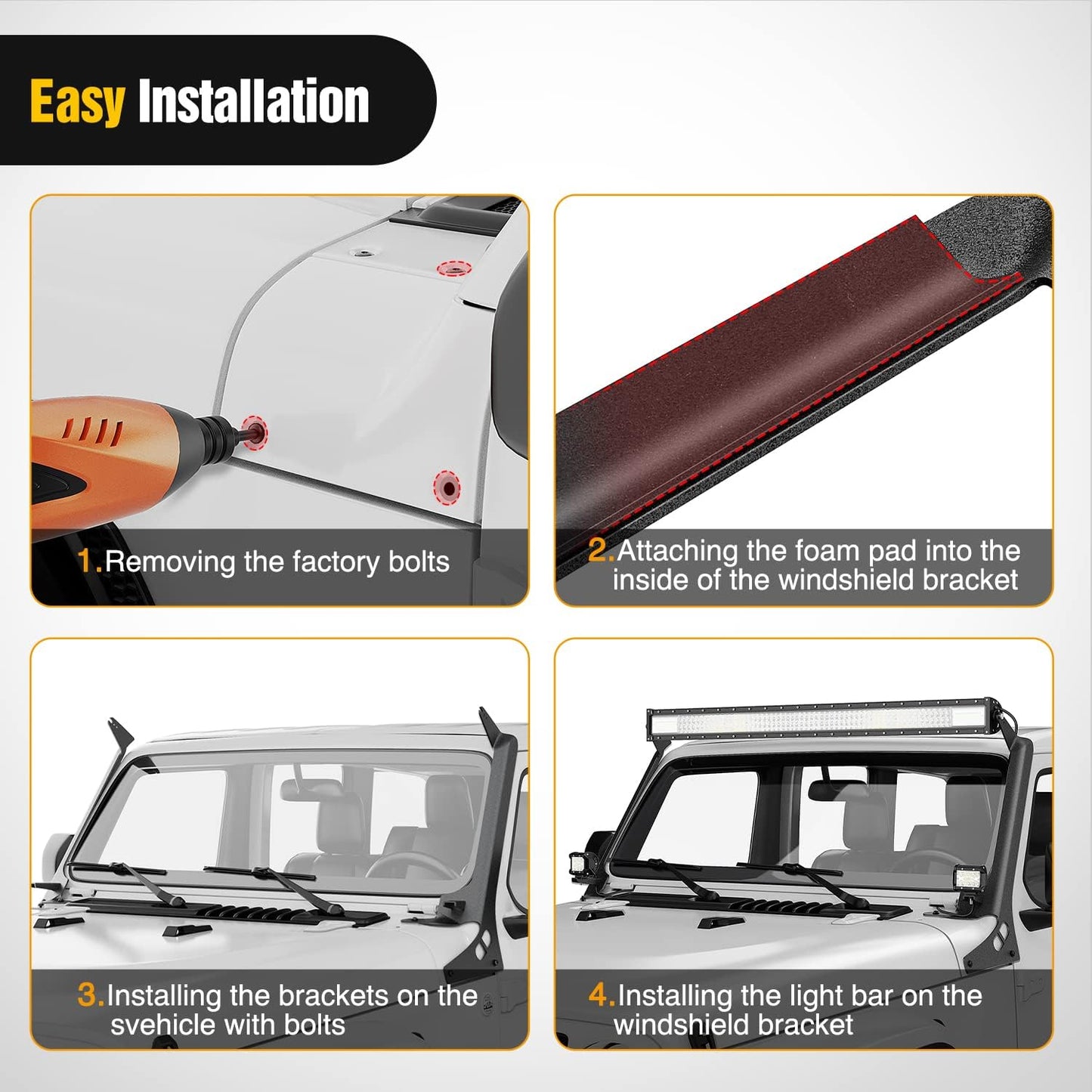 4X4WAVERS 52" Light Bar Windshield Mounting Brackets (with A pillar) - Jeep Wrangler JL/JLU/Gladiator-JT 2018+