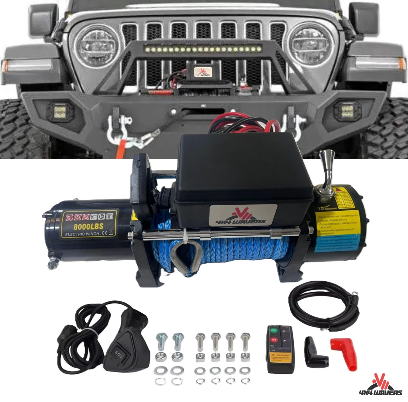 4X4Wavers Heavy Duty 8,000 lbs 12V Electric Offroad Winch with wireless remote - Synthetic rope - 4X4 WAVERS
