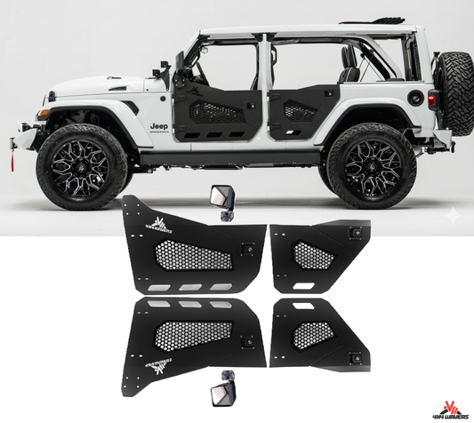 4X4WAVERS Portes demi-spécialité tout-terrain premium avec rétroviseurs latéraux - Avant et Arrière - Jeep Wrangler JKU (4 portes) 2007-2018