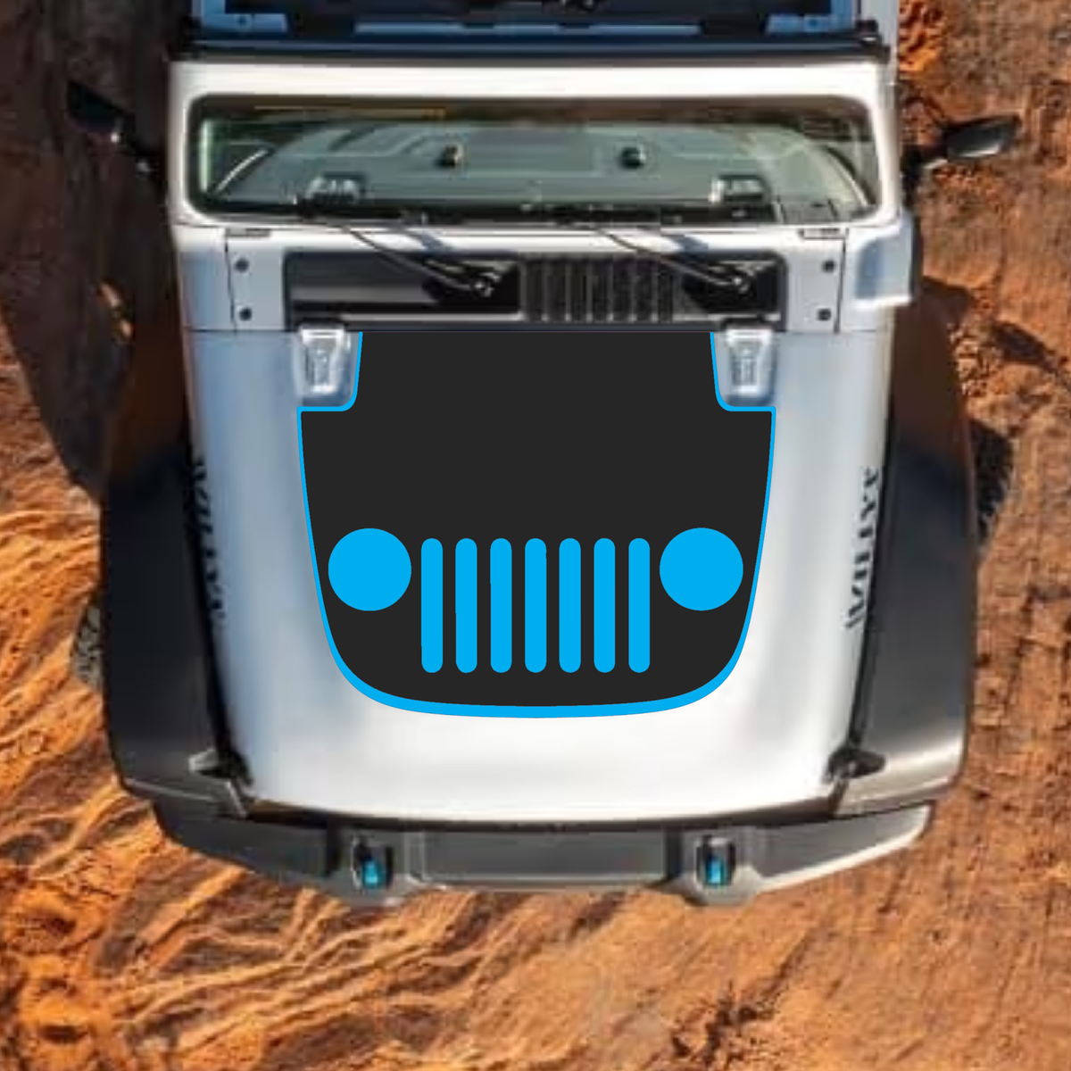 CarCode hood decal for Jeep Wrangler JL, JLU, Gladiator JT, 2018+ style #37, black decal on vehicle hood