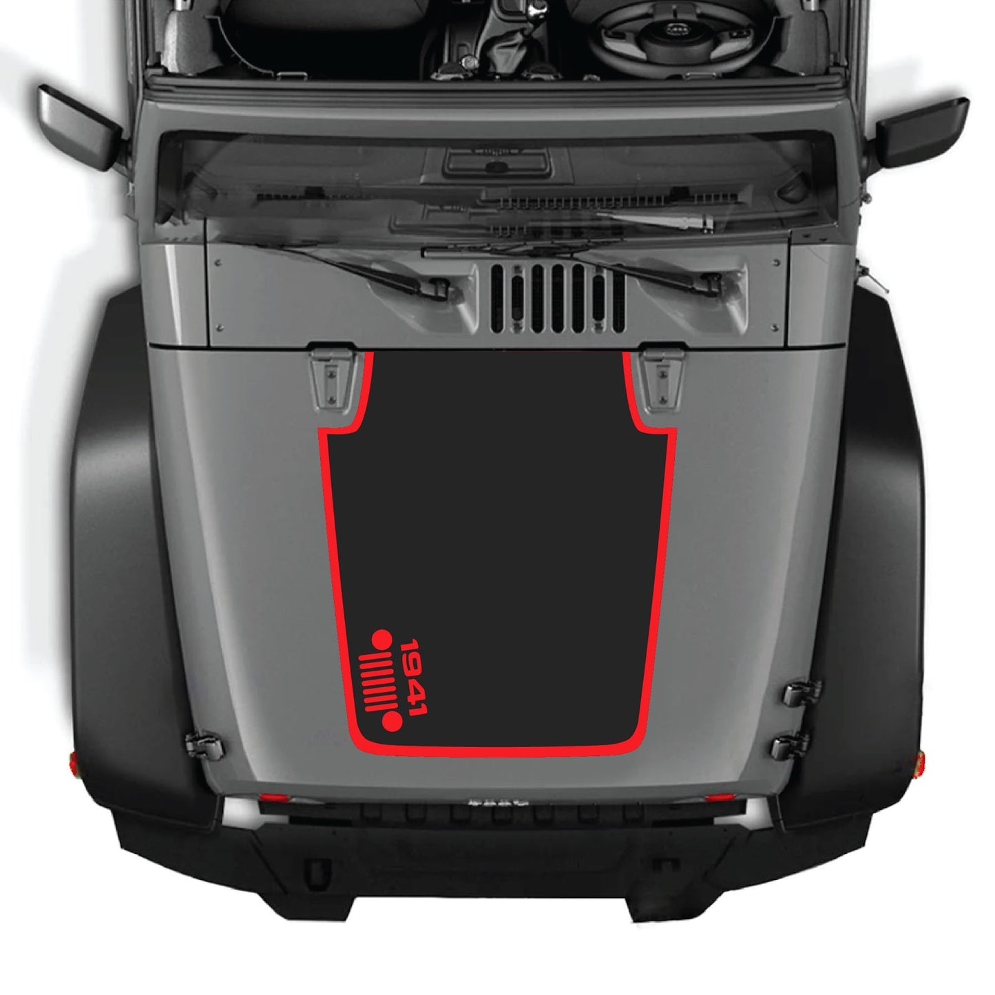 CarCode Jeep Wrangler JK/JKU hood decal style #58, black graphic sticker for 2007-2018 Jeep Wrangler models.