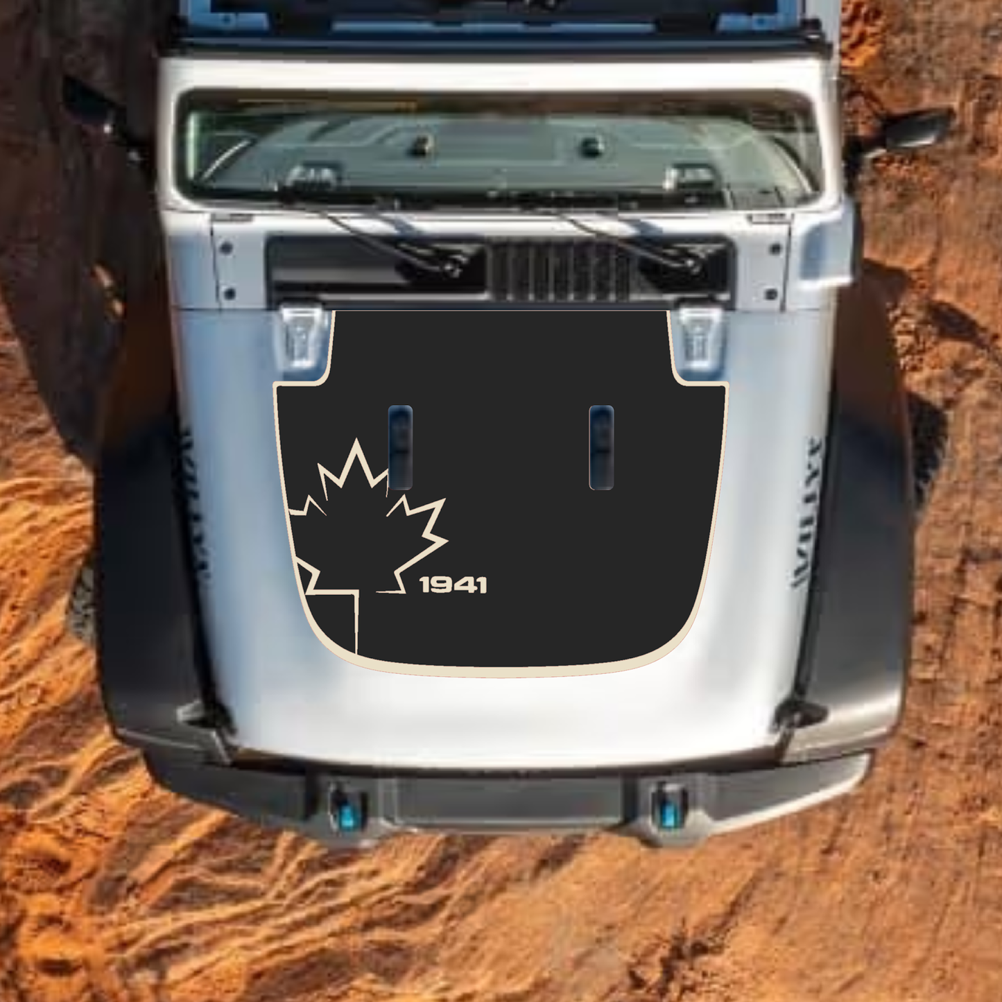 CarCode hood decal for Jeep Wrangler JL, JLU, Gladiator JT, 2018+ style, black and white design on standard hood