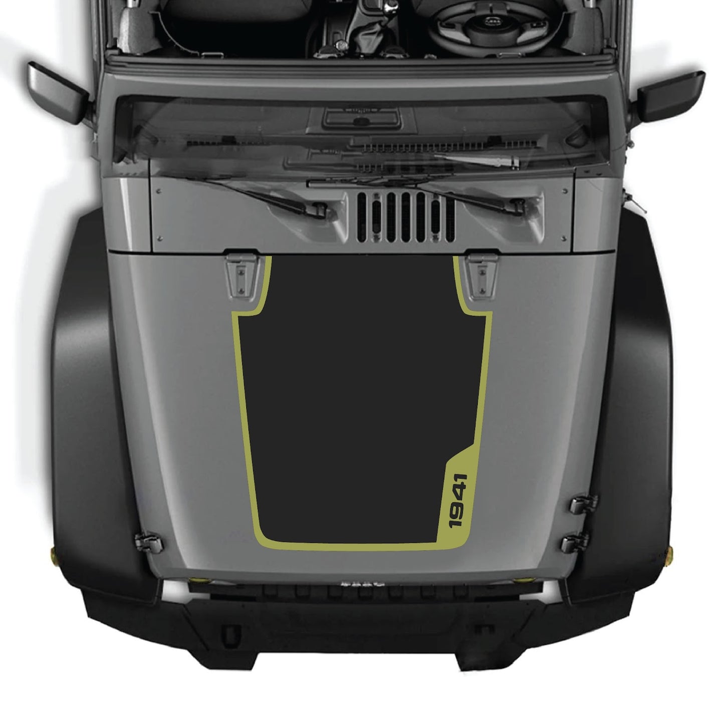 Jeep Wrangler JK/JKU hood decal by CarCode, style #36, black and gray graphic design for 2007-2018 models.