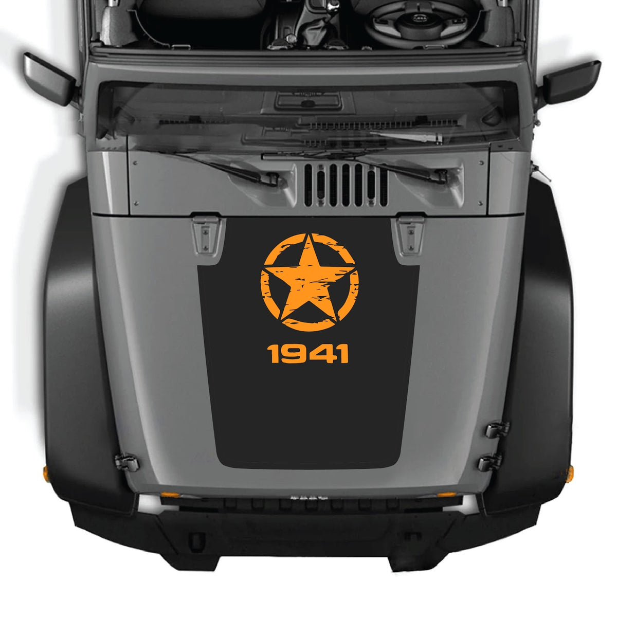 CarCode Jeep Wrangler JK/JKU hood decal style #46, black graphic design on vehicle hood, fits 2007-2018 models.