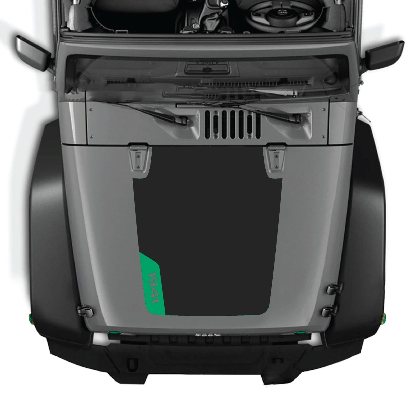 CarCode hood decal for Jeep Wrangler JK/JKU 2007-2018, style #85, shown on vehicle hood in black and white design.