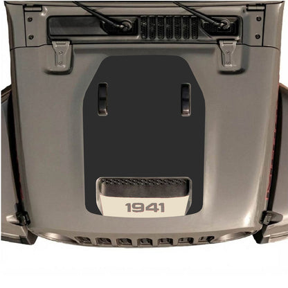 Jeep Wrangler JL/JLU Rubicon 392 and Gladiator Mojave hood decal in black with CarCode logo, designed for 2020-2026 models.