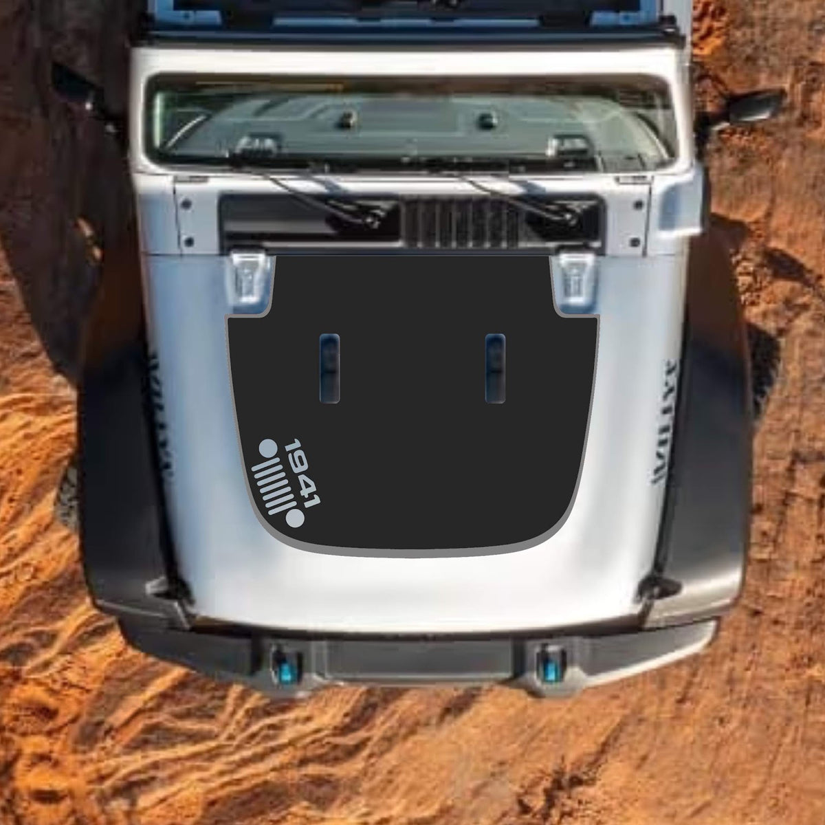CarCode Jeep Wrangler JL, JLU, Gladiator JT hood decal in style #93, black and gray graphic design on standard hood.
