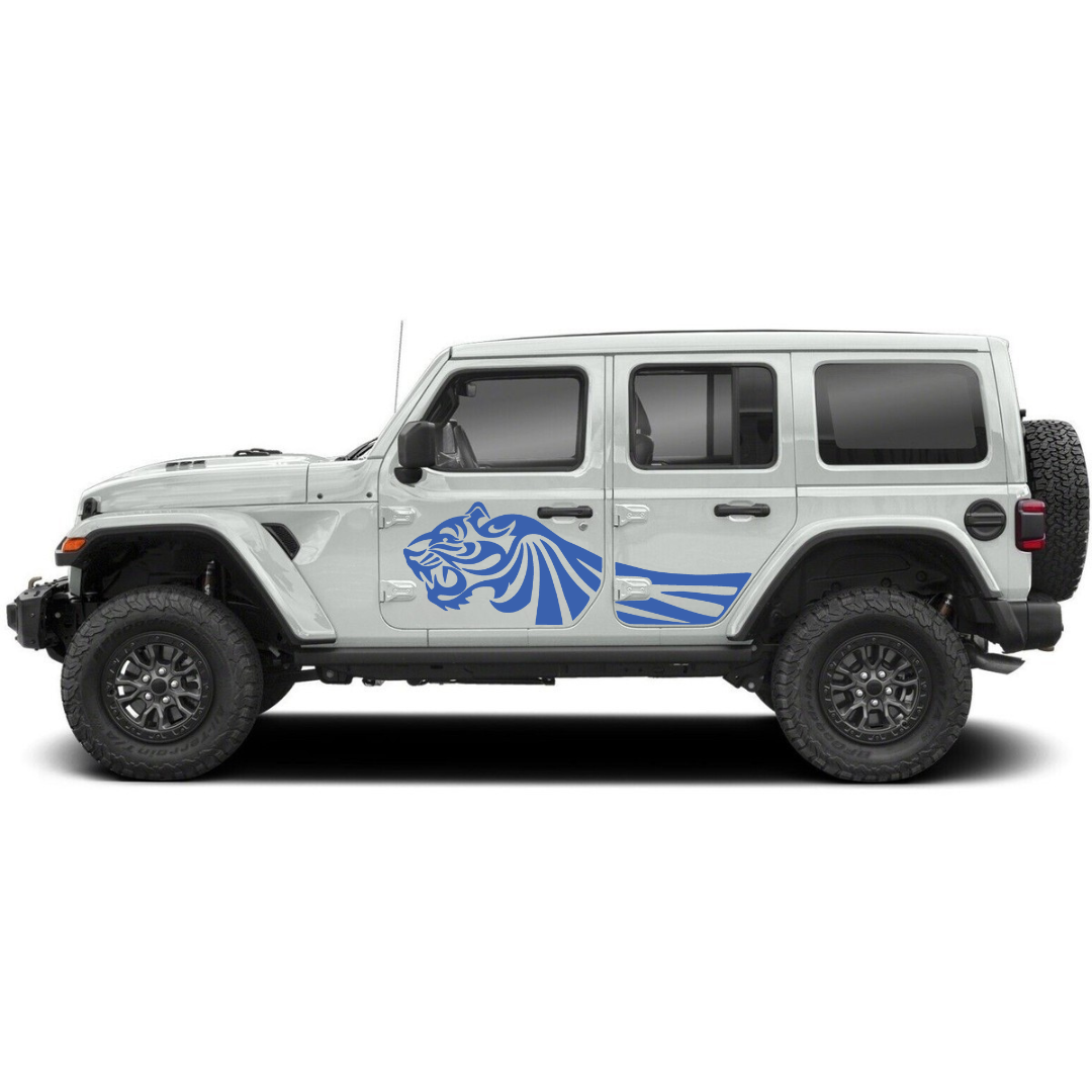 Trail Tiger Side Decal Kit – Cut Avery Vinyl (Black/Blue/Red/White) for Wrangler JL/JLU/JK/JKU/4xe & Gladiator JT – Pair, Pre-Masked