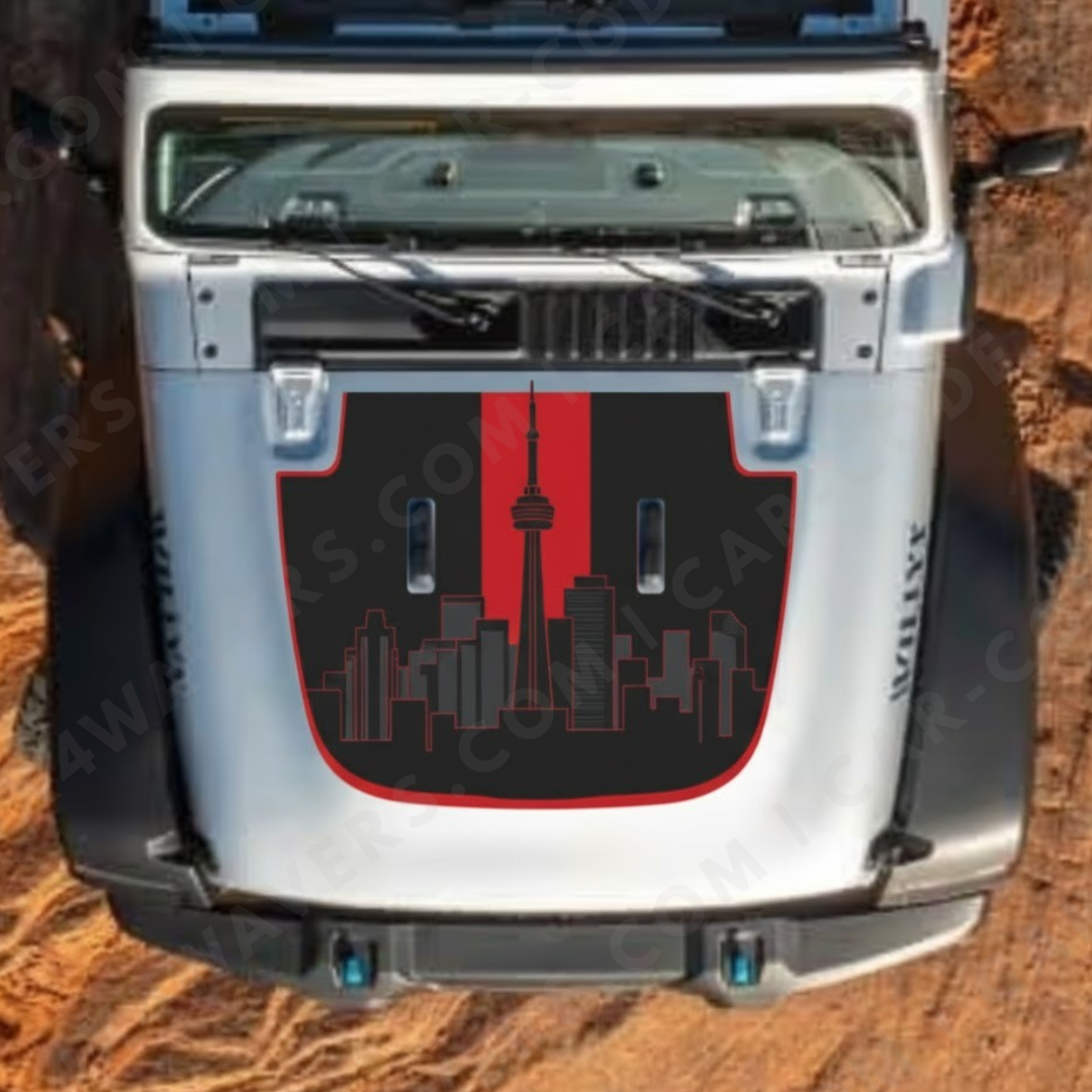 CARCODE Hood Panel Decal/Sticker - Toronto-Style Skyline Style - Black with Red Rally Stripe & Outline - For Wrangler JL/JK/JT – Made in Canada - 4X4 WAVERS
