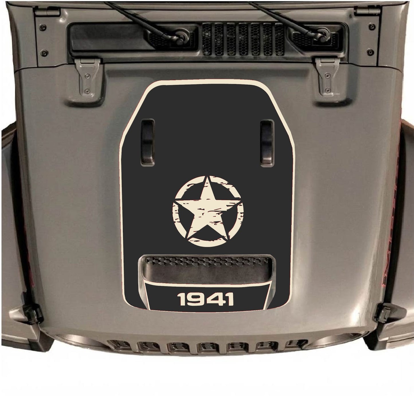 CarCode Jeep Wrangler JL/JLU Rubicon 392 and Gladiator Mojave hood decal in style #43, featuring bold graphic design on vehicle hood.