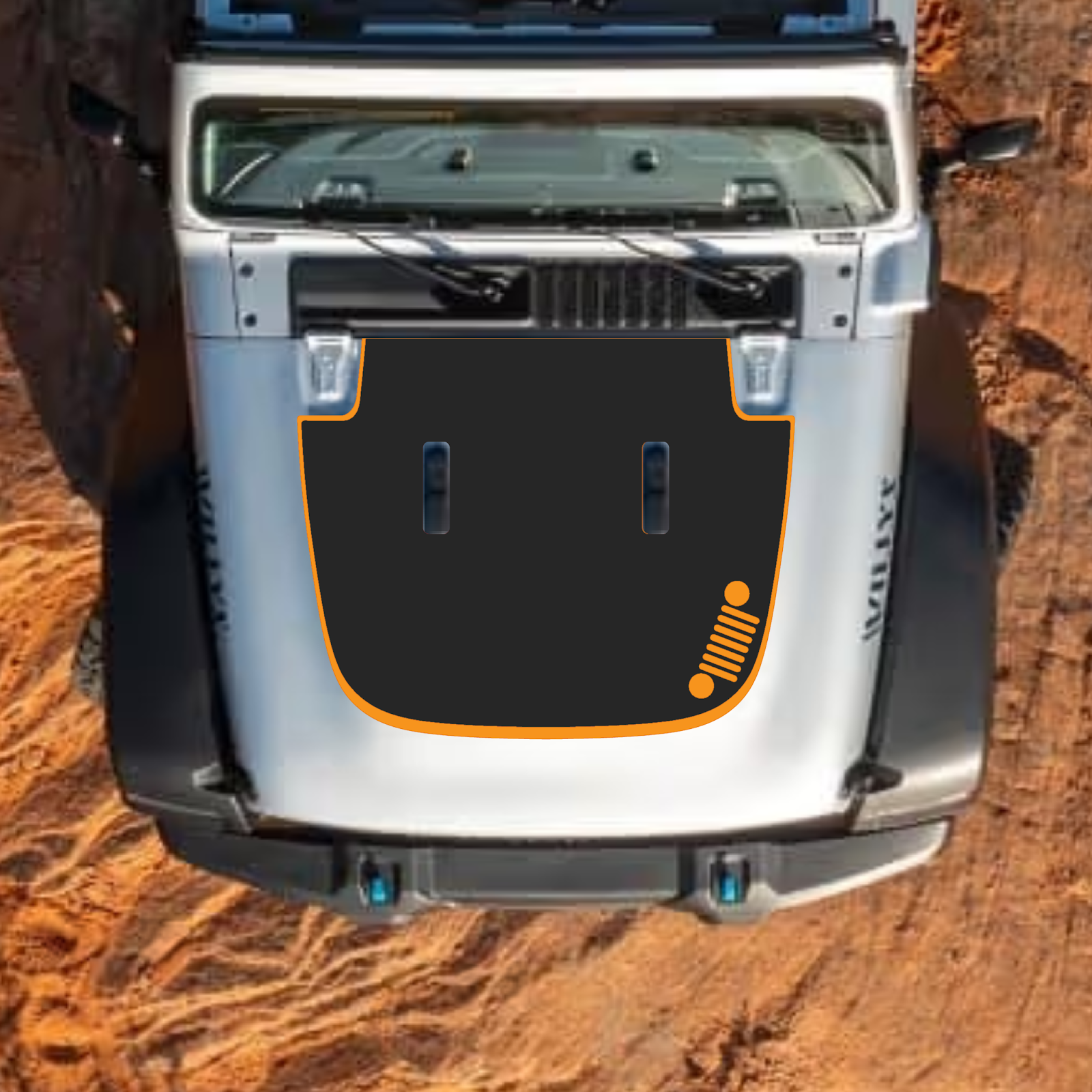 CarCode Jeep Wrangler JL and Gladiator JT hood decal in style #46, stylish black graphic for 2018+ models.