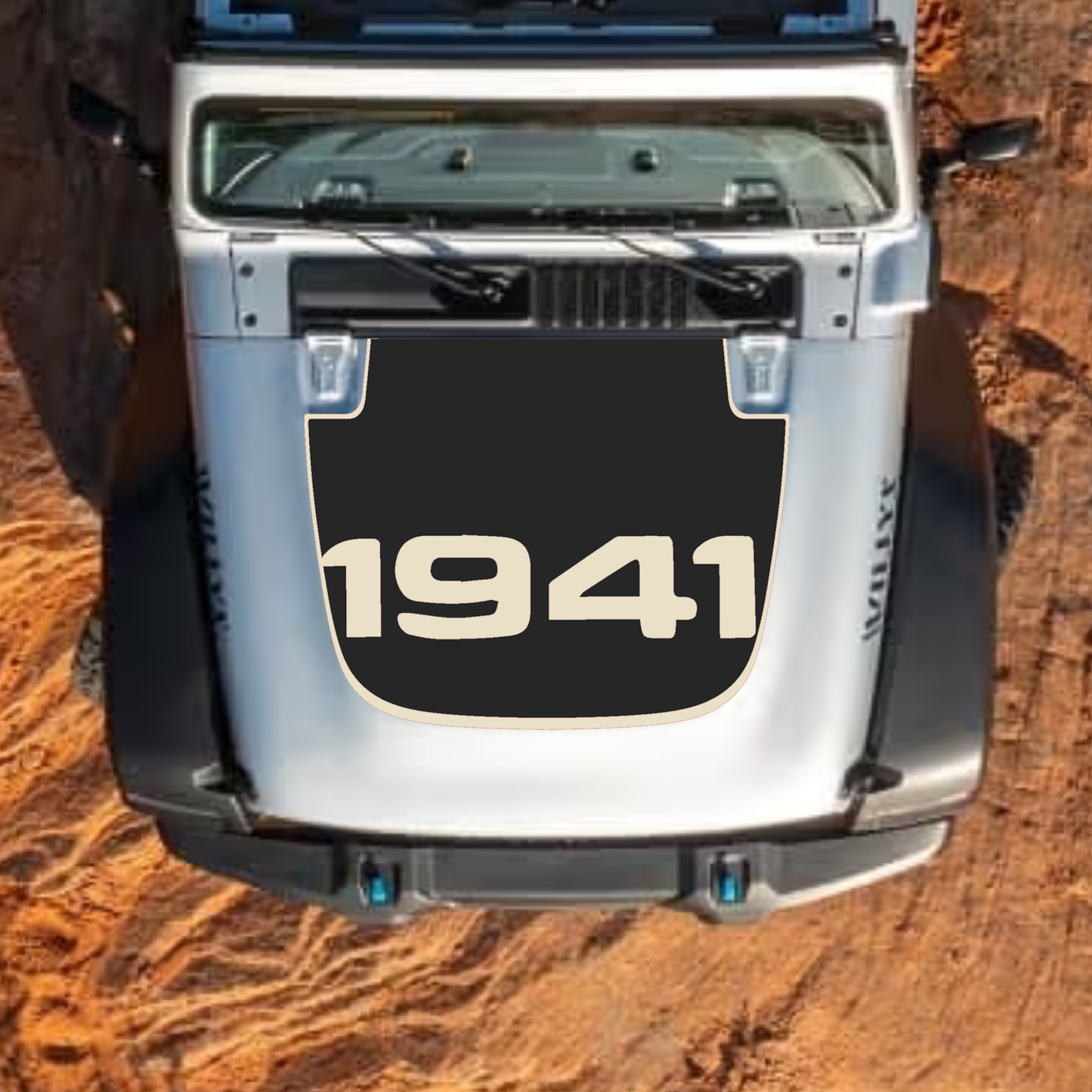 CarCode hood decal for Jeep Wrangler JL, JLU, Gladiator JT, 2018+ style, black and gray graphic designed for standard hood.