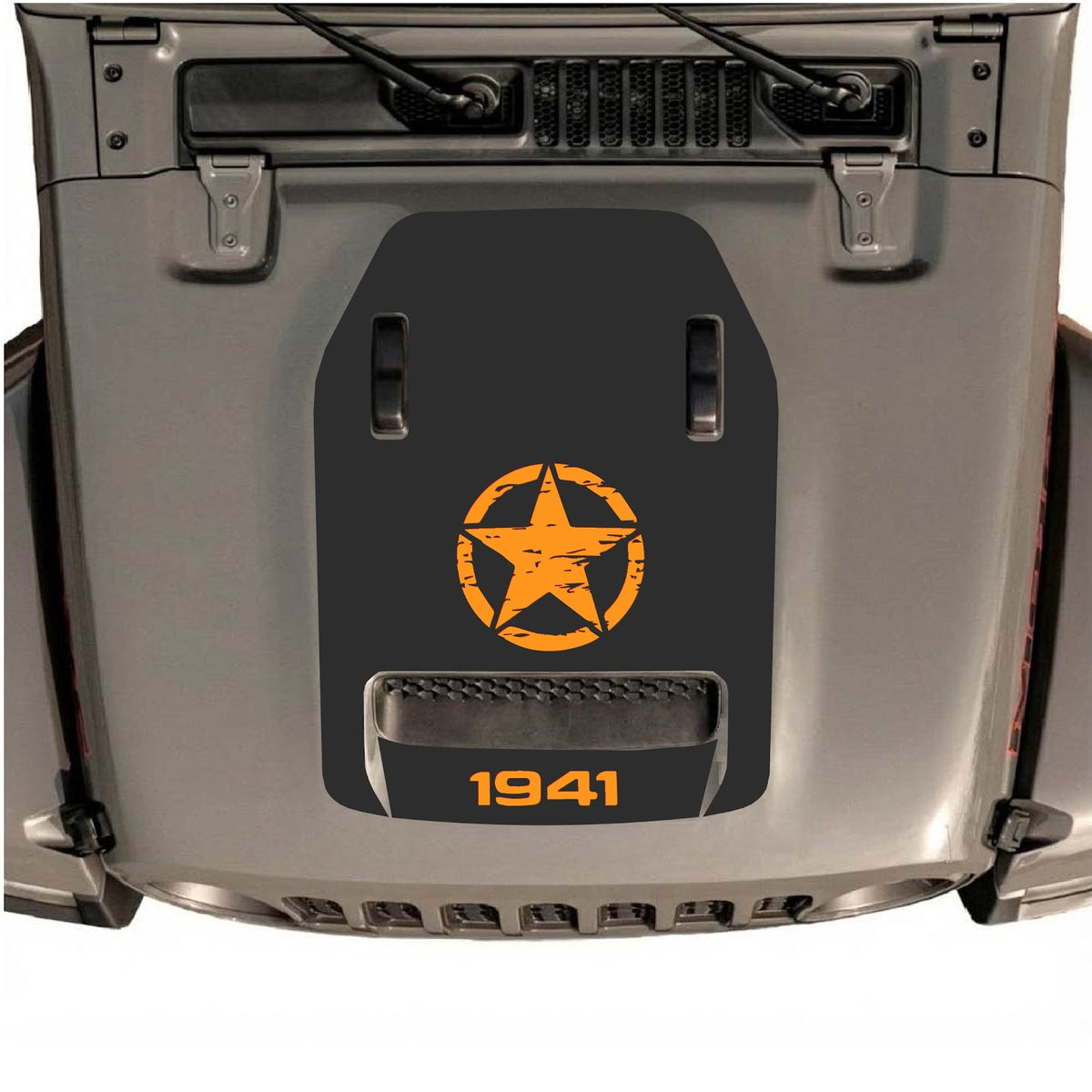CarCode autocollant de capot pour Jeep Wrangler JL/JLU Rubicon 392 et JT Gladiator Mojave 2020-2026, style #44, montré sur le capot du véhicule
