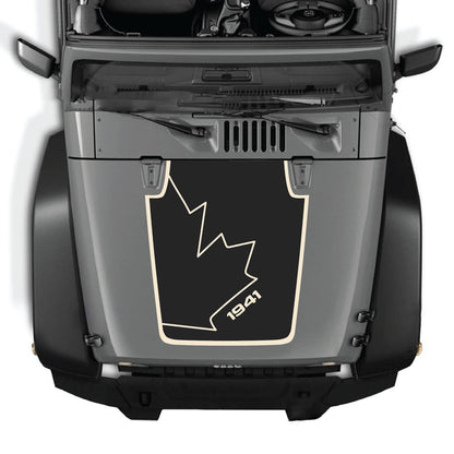 CarCode hood decal for Jeep Wrangler JK/JKU 2007-2018, style #16, shown applied on vehicle hood in black and white design.