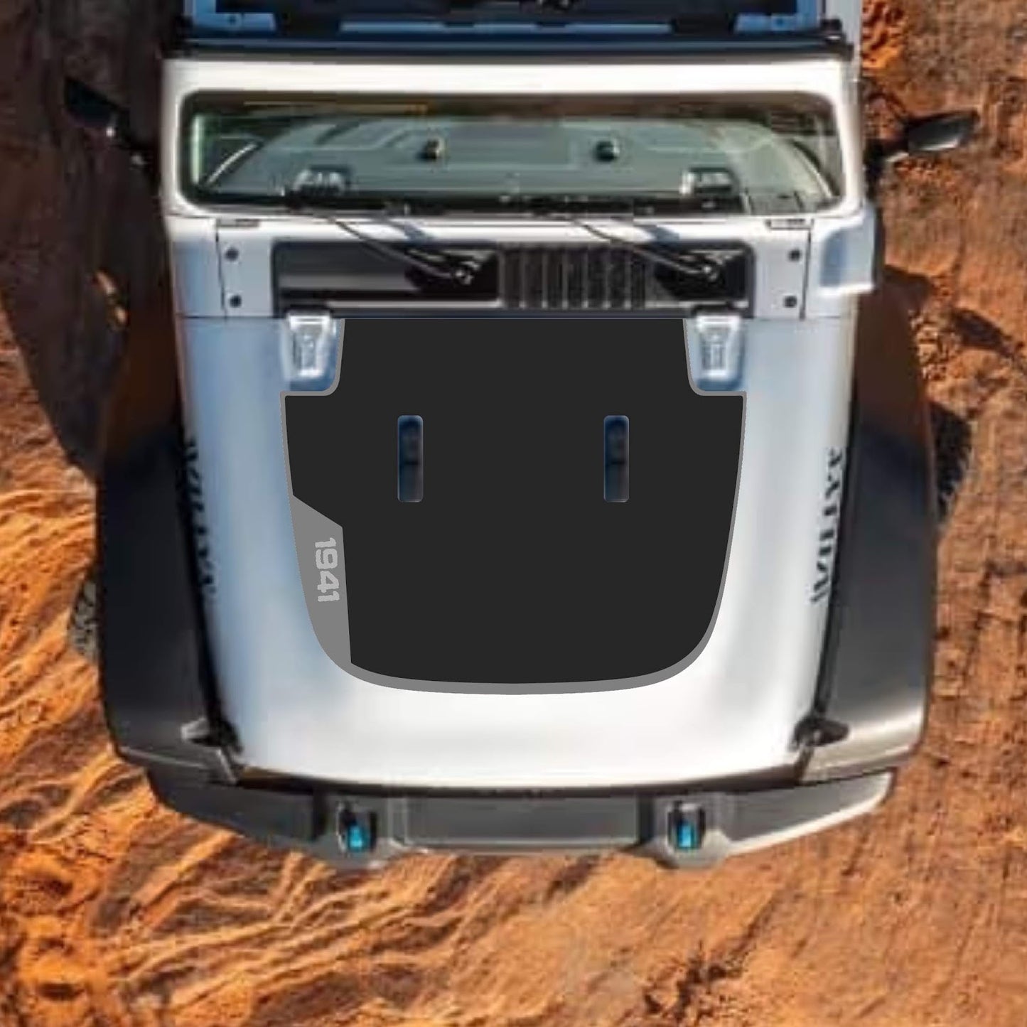 CarCode hood decal for Jeep Wrangler JL, JLU, Gladiator JT, standard hood, style #99, black and gray graphic design.
