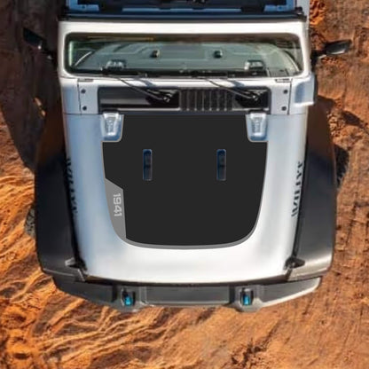 CarCode hood decal for Jeep Wrangler JL, JLU, Gladiator JT, standard hood, style #99, black and gray graphic design.