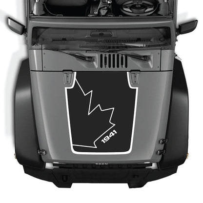 CarCode hood decal for Jeep Wrangler JK/JKU 2007-2018, style #16, shown in black with bold design on hood.