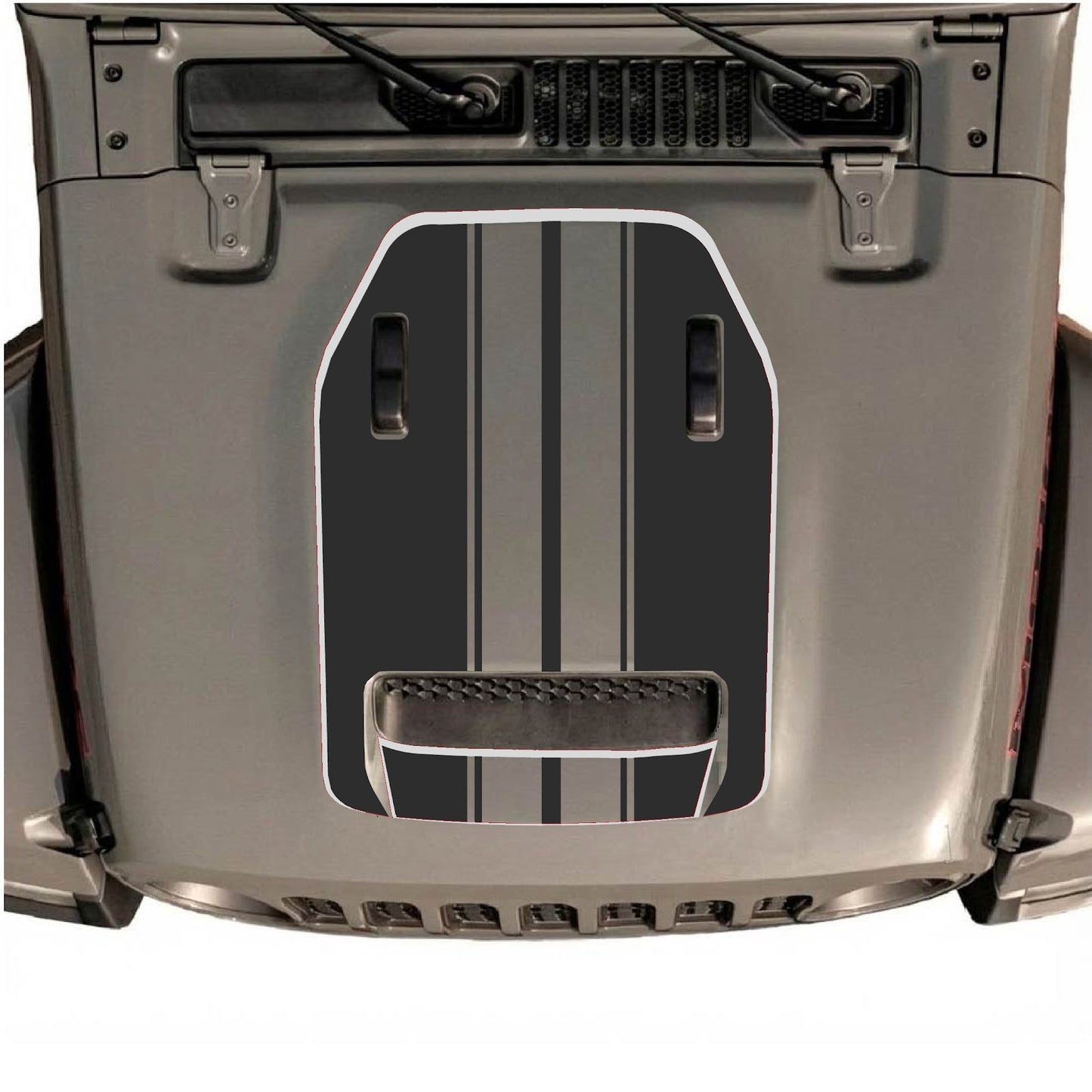 CarCode Jeep Wrangler JL/JLU Rubicon 392 and Gladiator Mojave hood decal in Style #74, black and red design on vehicle hood