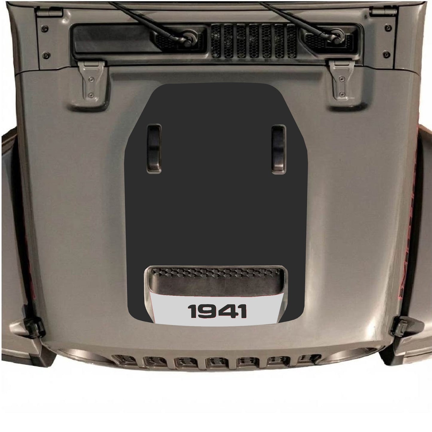 Jeep Wrangler JL/JLU Rubicon 392 or Gladiator Mojave hood decal by CarCode, style #64, shown on vehicle hood in black and white.