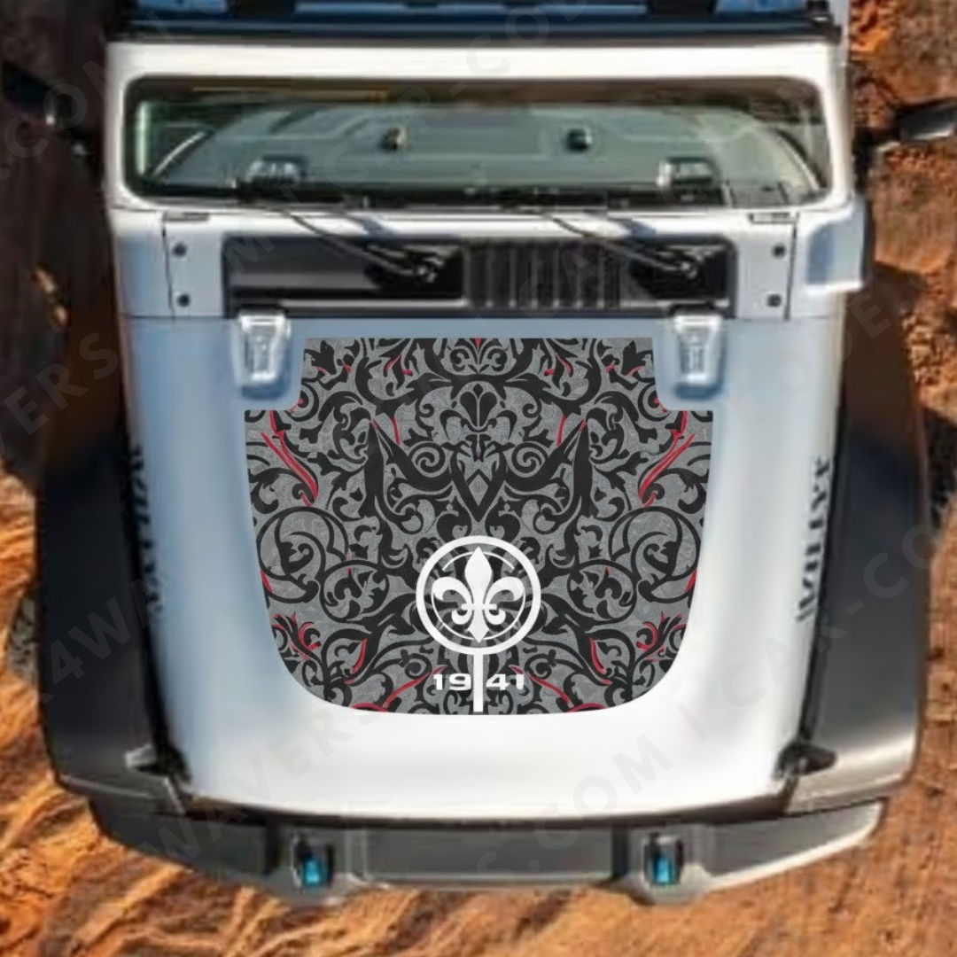 Québec Fleur Hood Panel – Wrangler JL/JLU/JT (2018–2025) & JK/JKU (2007–2018) – Motif ornemental noir/gris avec accents rouges et « 1941 » – Vinyle imprimé et laminé mat 3M