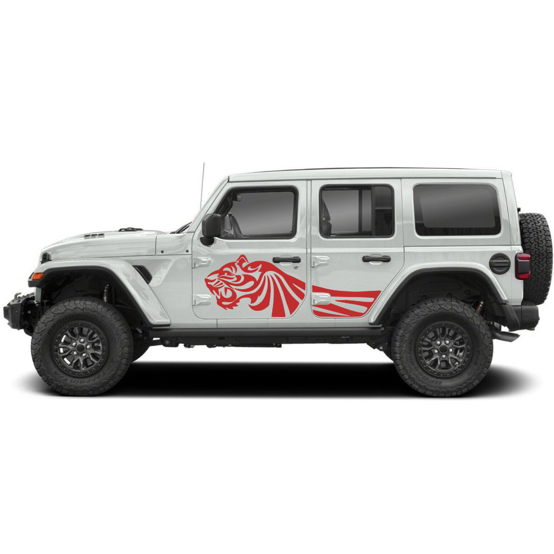 Trail Tiger Side Decal Kit – Cut Avery Vinyl (Black/Blue/Red/White) for Wrangler JL/JLU/JK/JKU/4xe & Gladiator JT – Pair, Pre-Masked