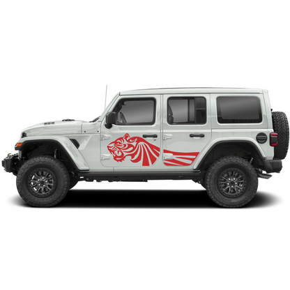 Trail Tiger Side Decal Kit – Cut Avery Vinyl (Black/Blue/Red/White) for Wrangler JL/JLU/JK/JKU/4xe & Gladiator JT – Pair, Pre-Masked