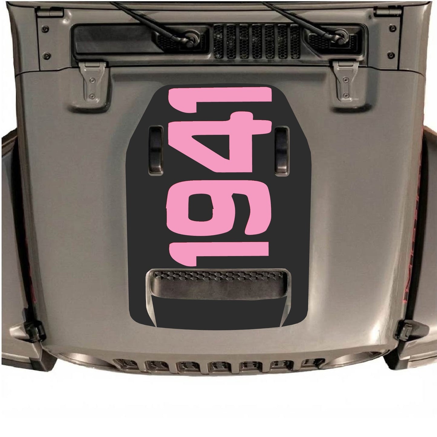 Jeep Wrangler JL/JLU Rubicon 392 and JT Gladiator Mojave hood decal by CarCode, style #02, in black and white graphic design.