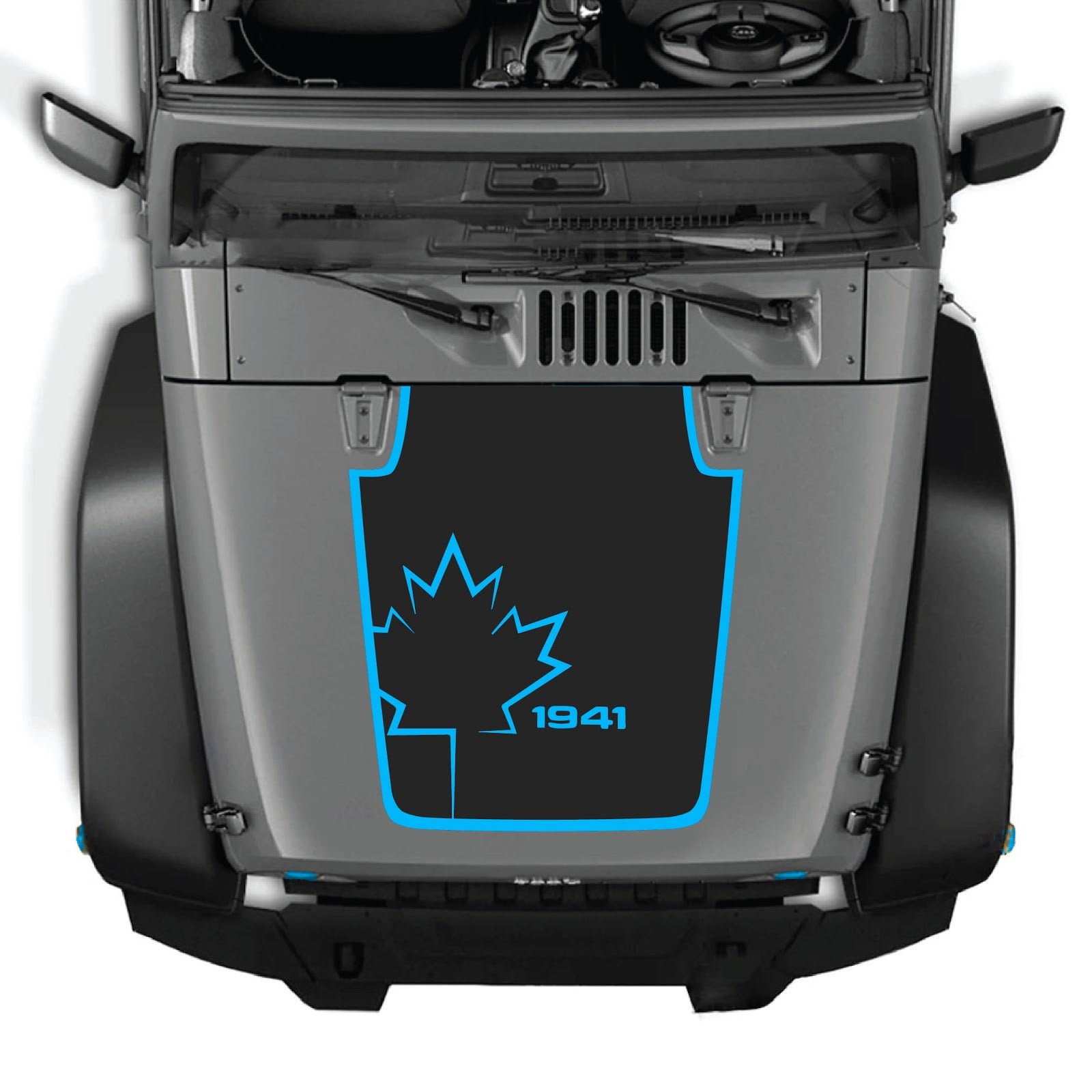 Jeep Wrangler JK/JKU hood decal by CarCode, style #18, featuring bold black and white graphic design on vehicle hood.