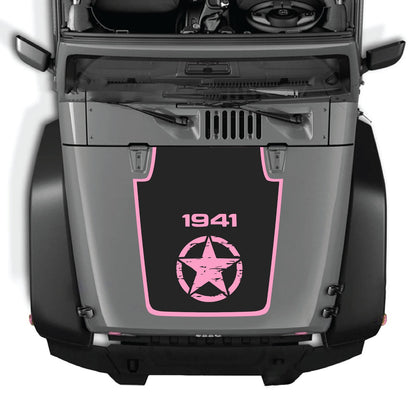 CarCode Jeep Wrangler JK/JKU hood decal Style #22, black graphic design on vehicle hood for 2007-2018 models
