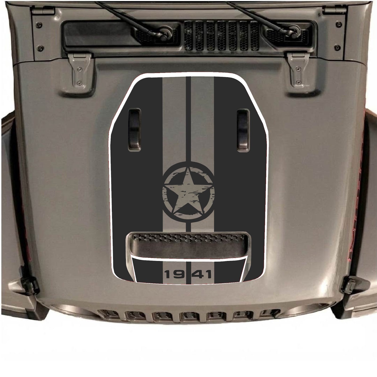 CarCode Jeep Wrangler JL/JLU Rubicon 392 and Gladiator Mojave hood decal in style #70, showcasing bold black graphic design.