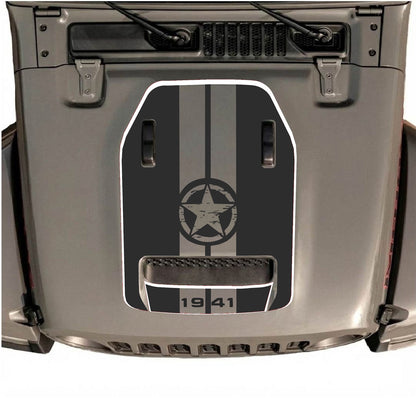 CarCode Jeep Wrangler JL/JLU Rubicon 392 and Gladiator Mojave hood decal in style #70, showcasing bold black graphic design.