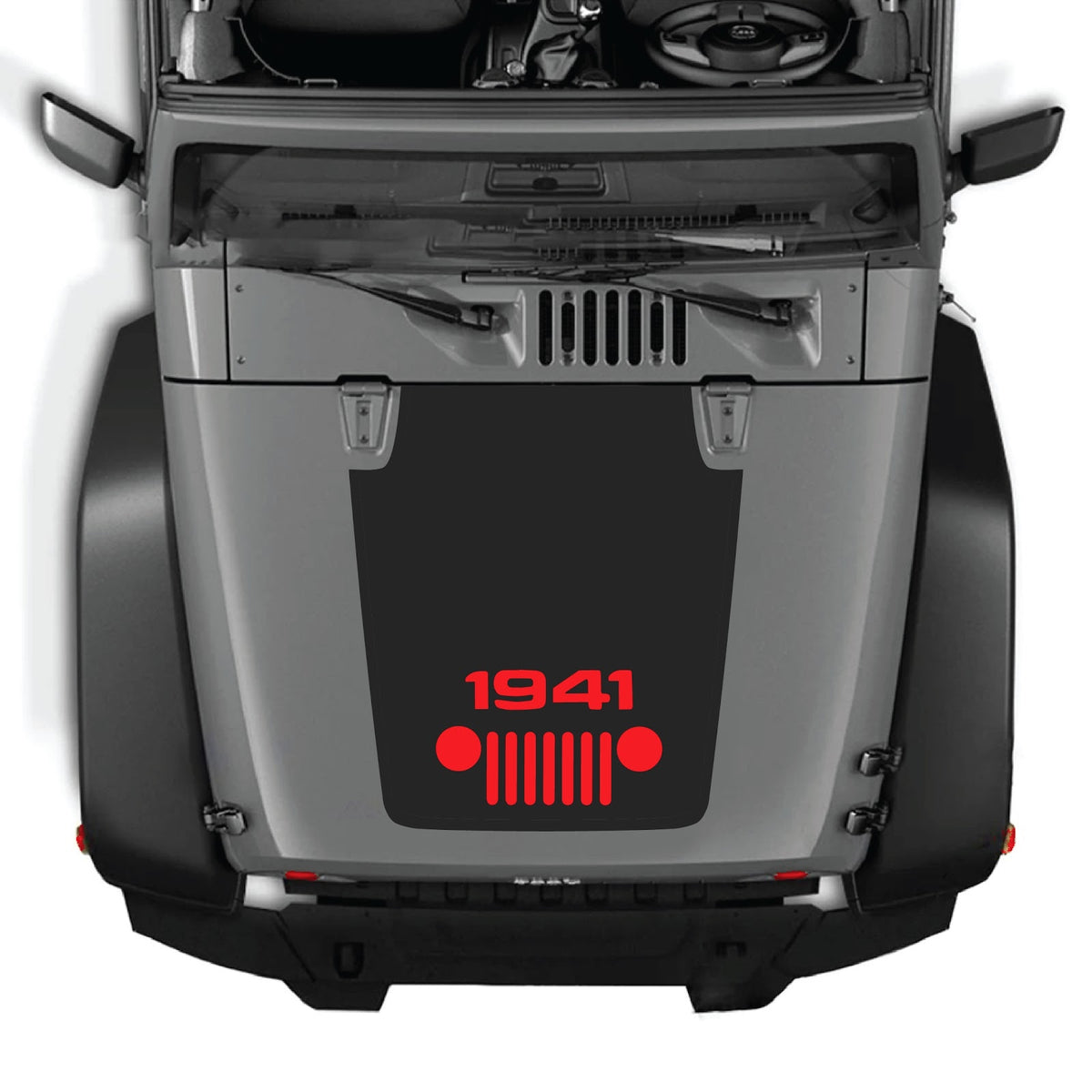 CarCode hood decal for Jeep Wrangler JK/JKU 2007-2018, style #55, black and gray graphic design on hood surface.