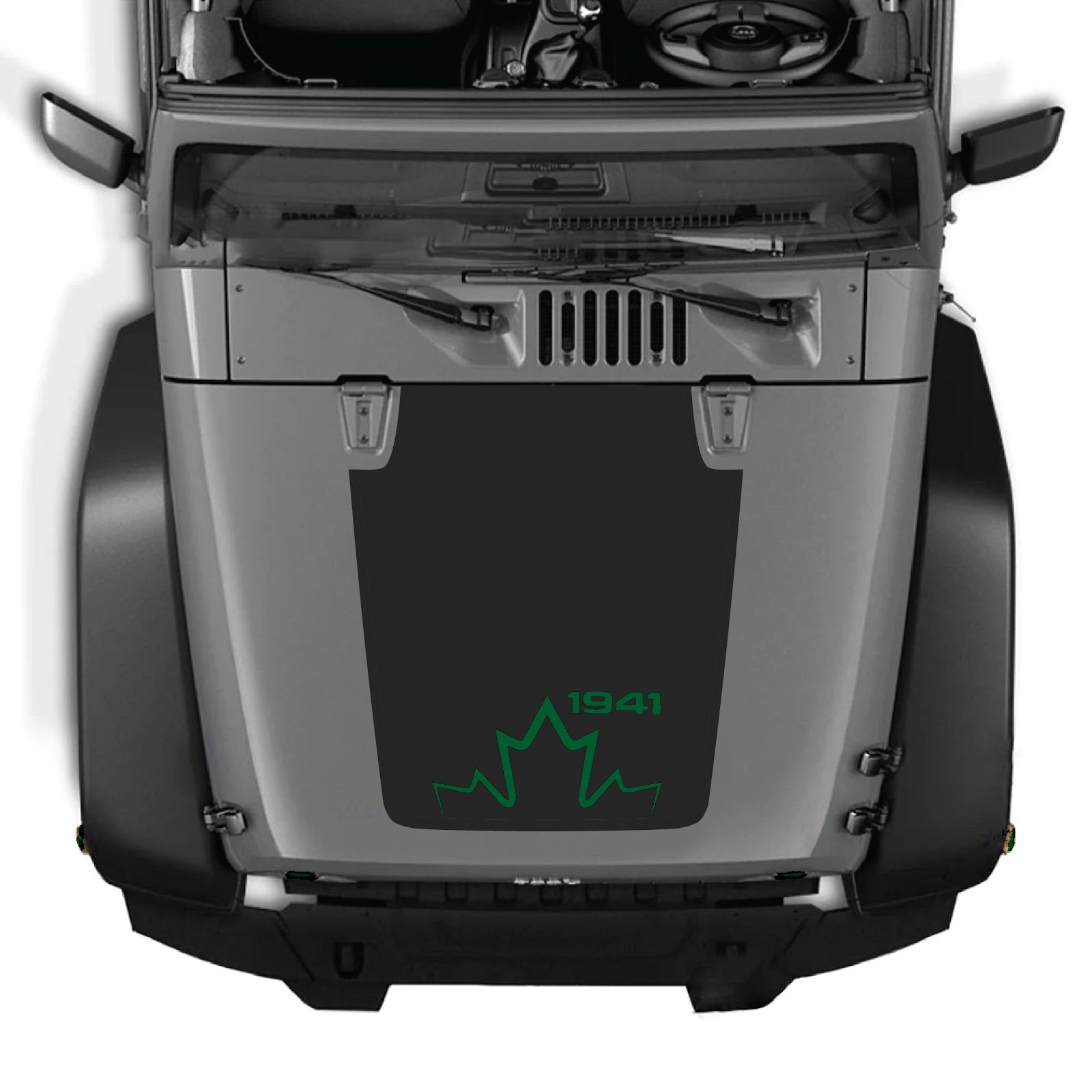 CarCode hood decal for Jeep Wrangler JK/JKU 2007-2018, style #12, black and gray graphic design on vehicle hood.