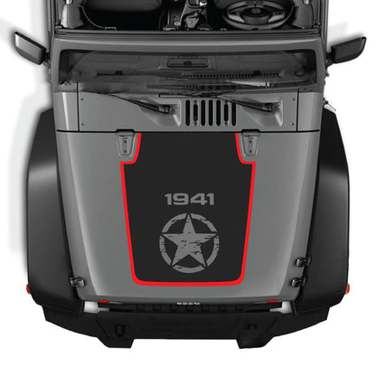CarCode Jeep Wrangler JK/JKU hood decal Style #76, black and gray graphic design on hood of 2007-2018 Jeep Wrangler.
