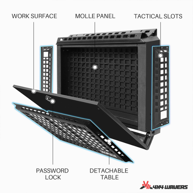 4x4wavers Tacmolle Aluminum Multifunction Box - Rear Side Window Multifunctional Storage Box with Built-in Concept Table - 4X4 WAVERS