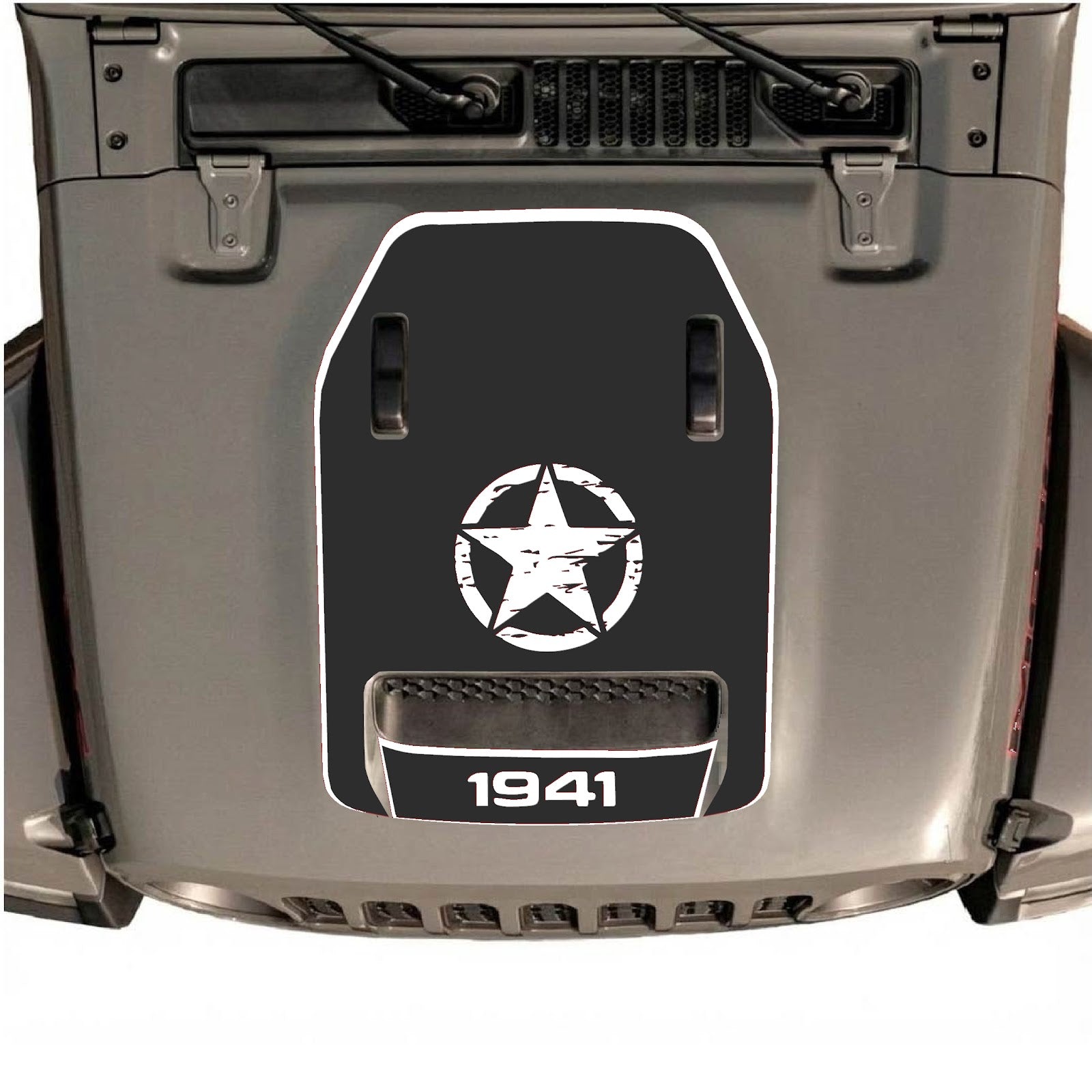 CarCode hood decal for Jeep Wrangler JL/JLU Rubicon 392 and JT Gladiator Mojave, style #43, black graphic on vehicle hood