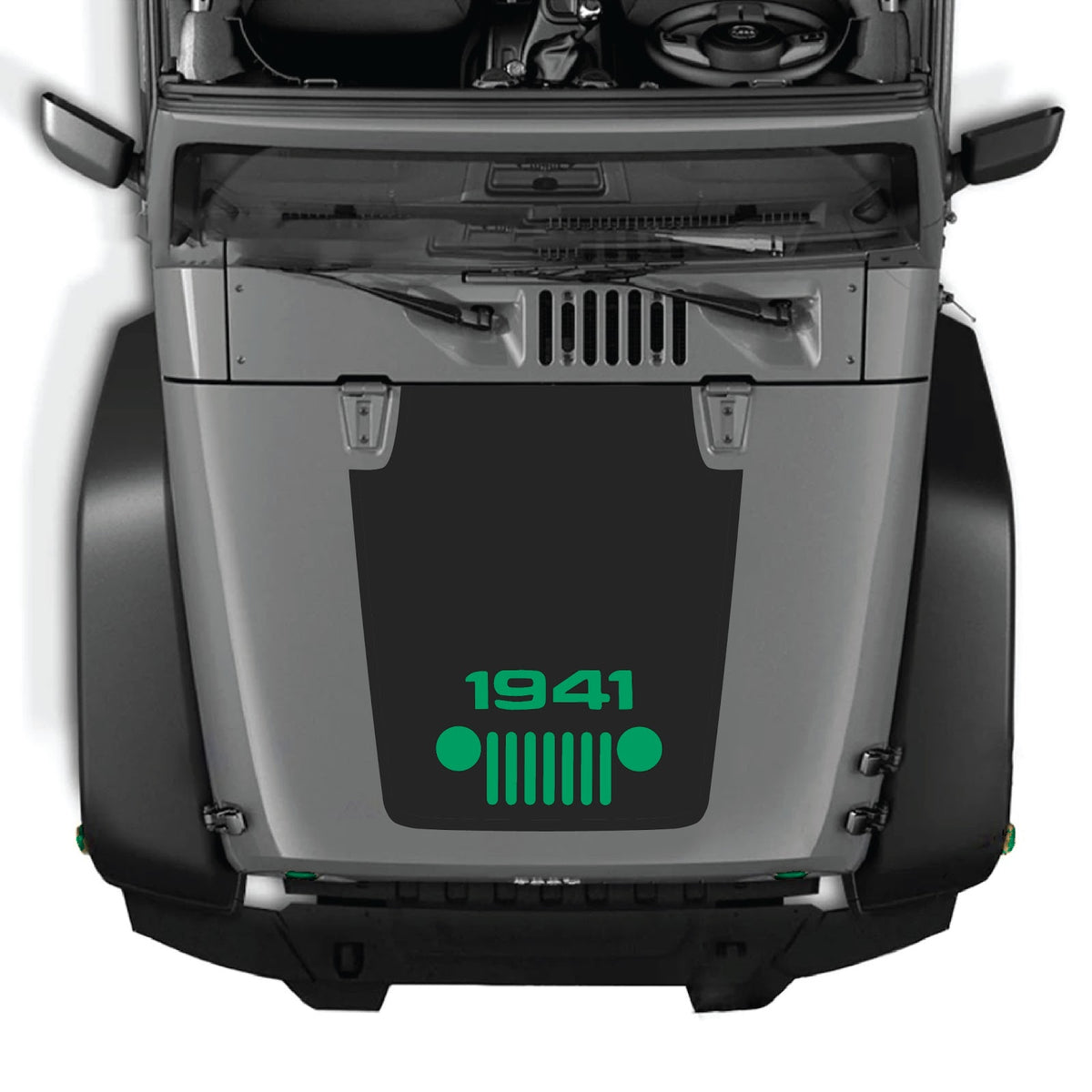 CarCode Jeep Wrangler JK/JKU hood decal, style #55, black graphic sticker for 2007-2018 Jeep Wrangler models.