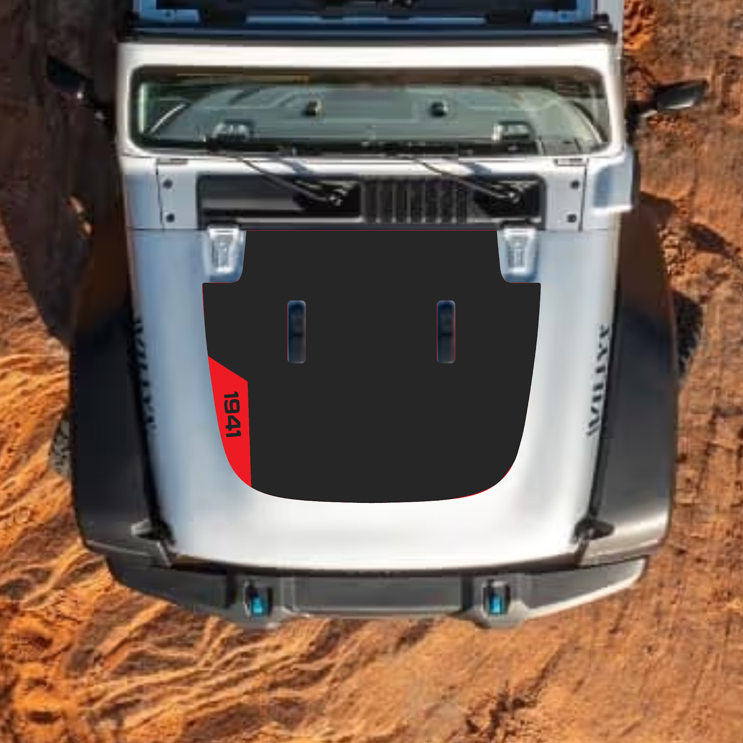 CarCode Jeep Wrangler JL and Gladiator JT hood decal in style #43, black and gray design on standard hood for 2018+ models.