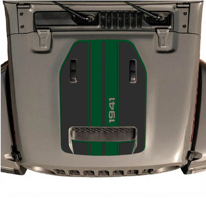 CarCode hood decal for Jeep Wrangler JL/JLU Rubicon 392 and JT Gladiator Mojave with Style #71, black and gray graphic design.